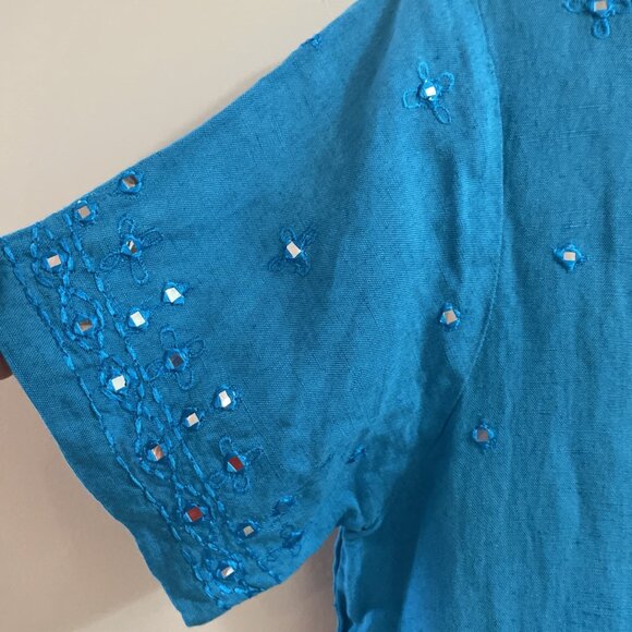 Vintage 90s Embellished Linen Blend Top Women's S Blue Sequins Fairy Artsy NOS - Picture 2 of 13